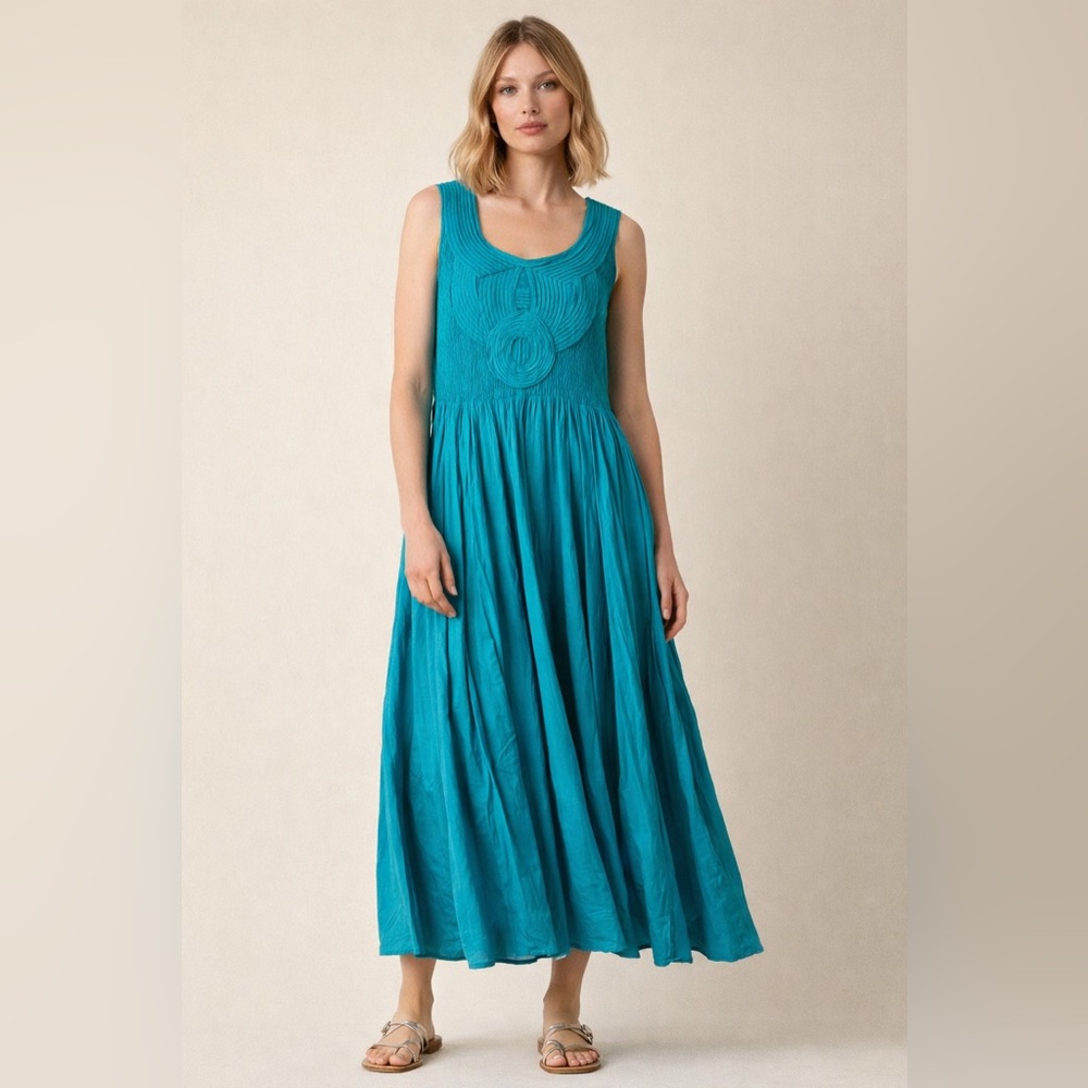 Womens Smocked Maxi Dress XL Cottagecore Blue Cotton Peasant Boho Coastal Beachy